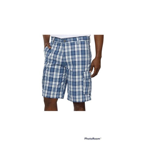 Dockers Men’s Cargo Short Classic Fit Flat Front 36 Blue Plaid 100% Cotton - Picture 1 of 11